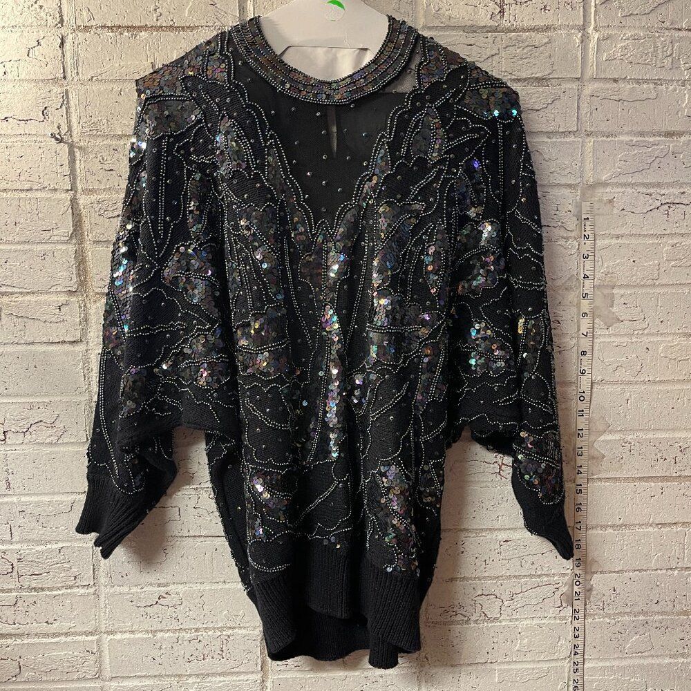 🌟 Bonnie Boerer 80s Sequin Beaded Batwing Sweater - Rockstar Glam